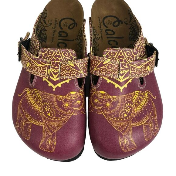 Calceo Mosaic Patterned Purple/Pink/Yellow Elephant Buckle Strap Clogs Sz 37 - Picture 5 of 8